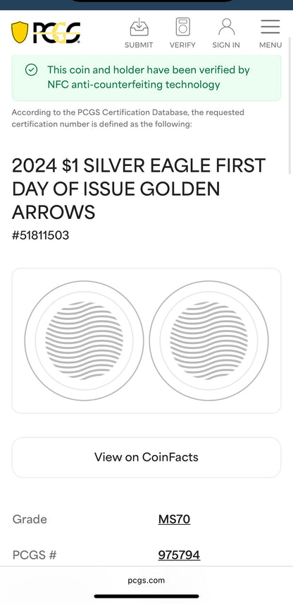 2024 $1 American Silver Eagle PCGS MS70 FDOI Arrows Label Thomas Cleveland Signed (1 of 10)