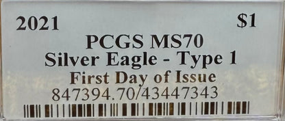 2021 $1 American Silver Eagle PCGS MS70 Type 1 FDOI Thomas Cleveland Signed Torch Label (1 of 550)