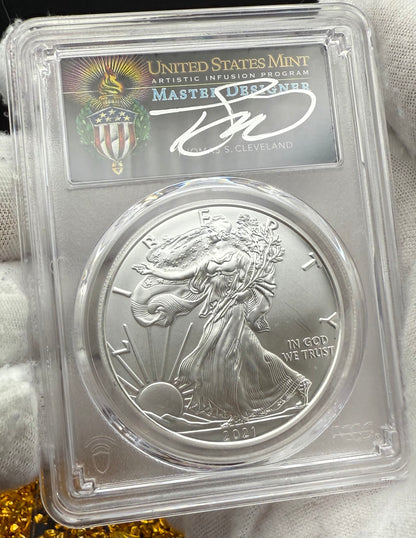 2021 $1 American Silver Eagle PCGS MS70 Type 1 FDOI Thomas Cleveland Signed Torch Label (1 of 550)
