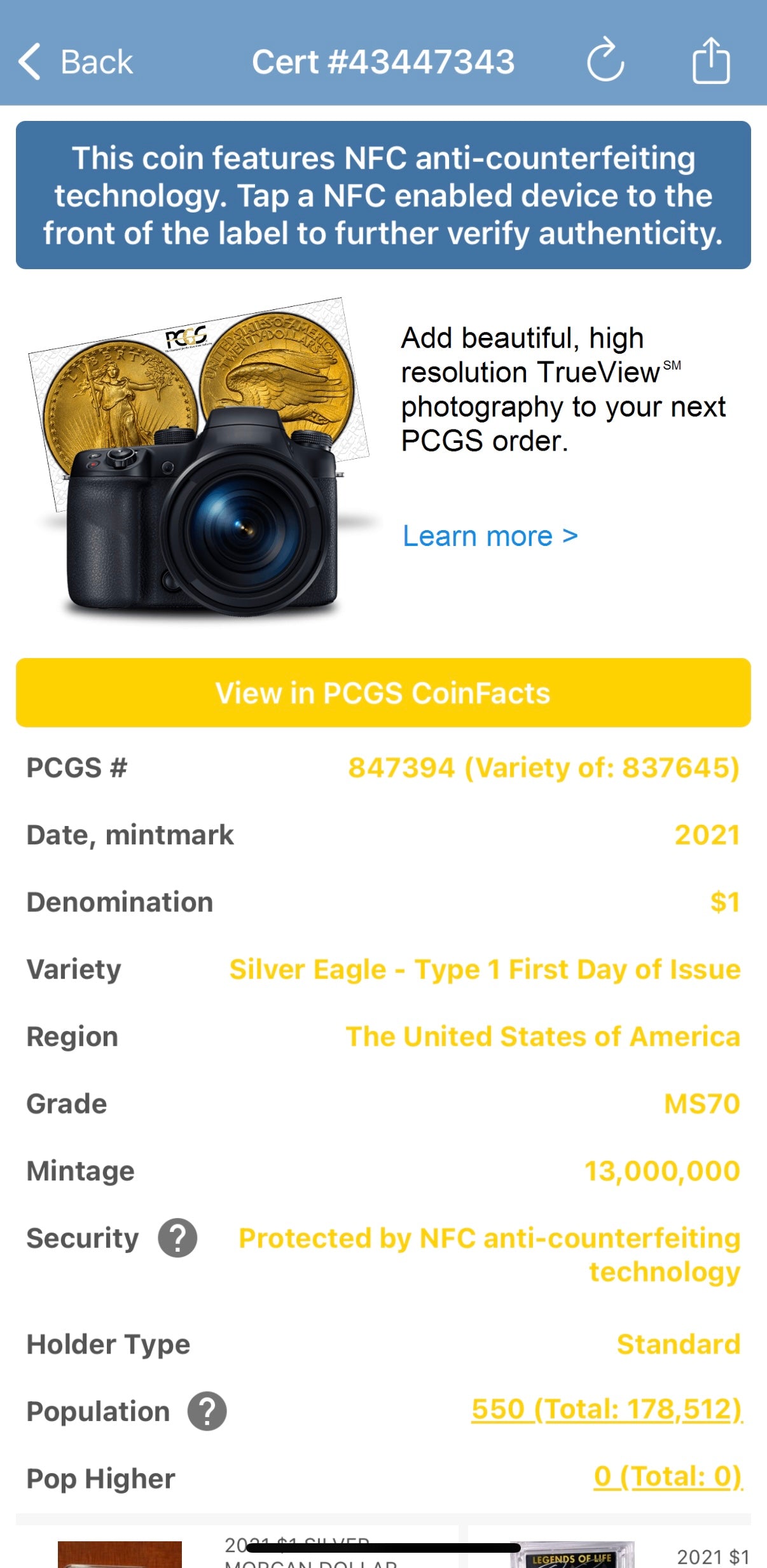 2021 $1 American Silver Eagle PCGS MS70 Type 1 FDOI Thomas Cleveland Signed Torch Label (1 of 550)