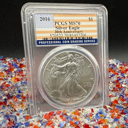 2016 $1 American Silver Eagle PCGS MS70 Business Strike American Flag Label Mint