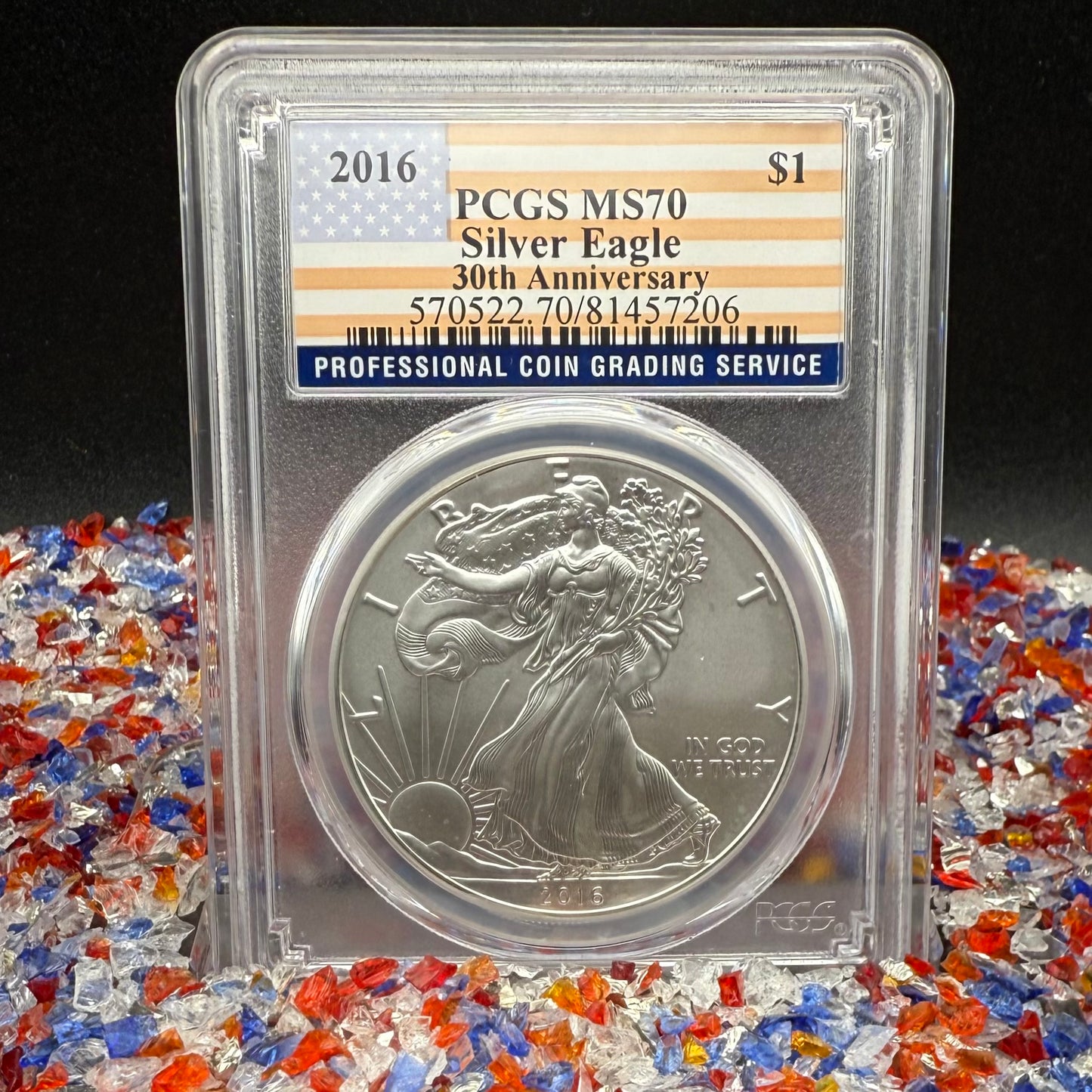 2016 $1 American Silver Eagle PCGS MS70 Business Strike American Flag Label Mint