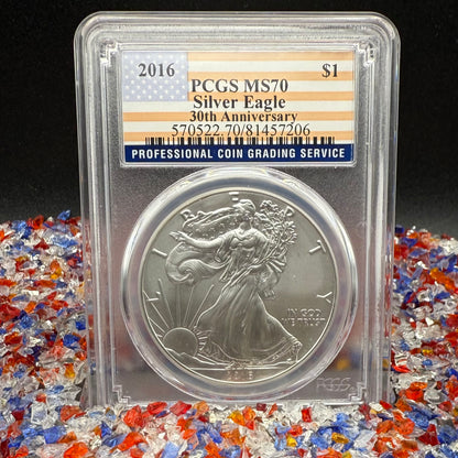 2016 $1 American Silver Eagle PCGS MS70 Business Strike American Flag Label Mint