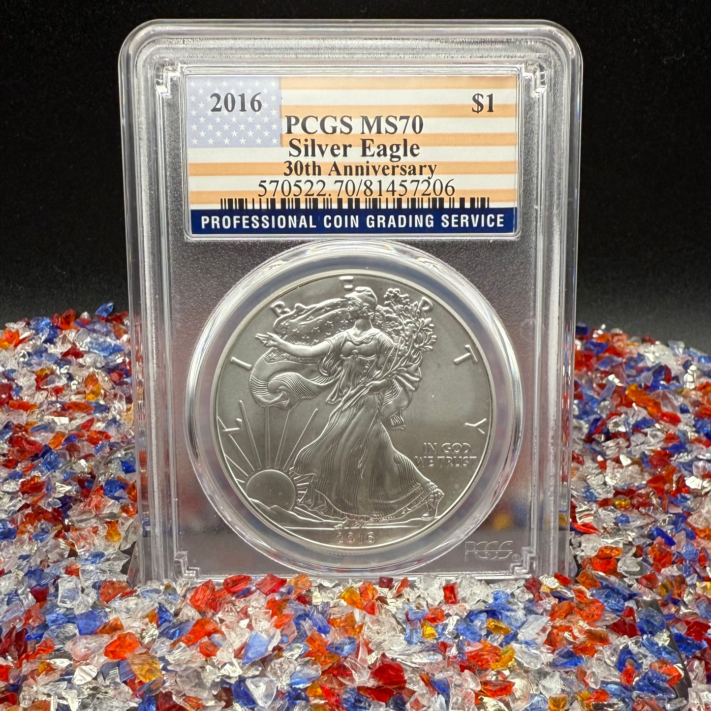 2016 $1 American Silver Eagle PCGS MS70 Business Strike American Flag Label Mint