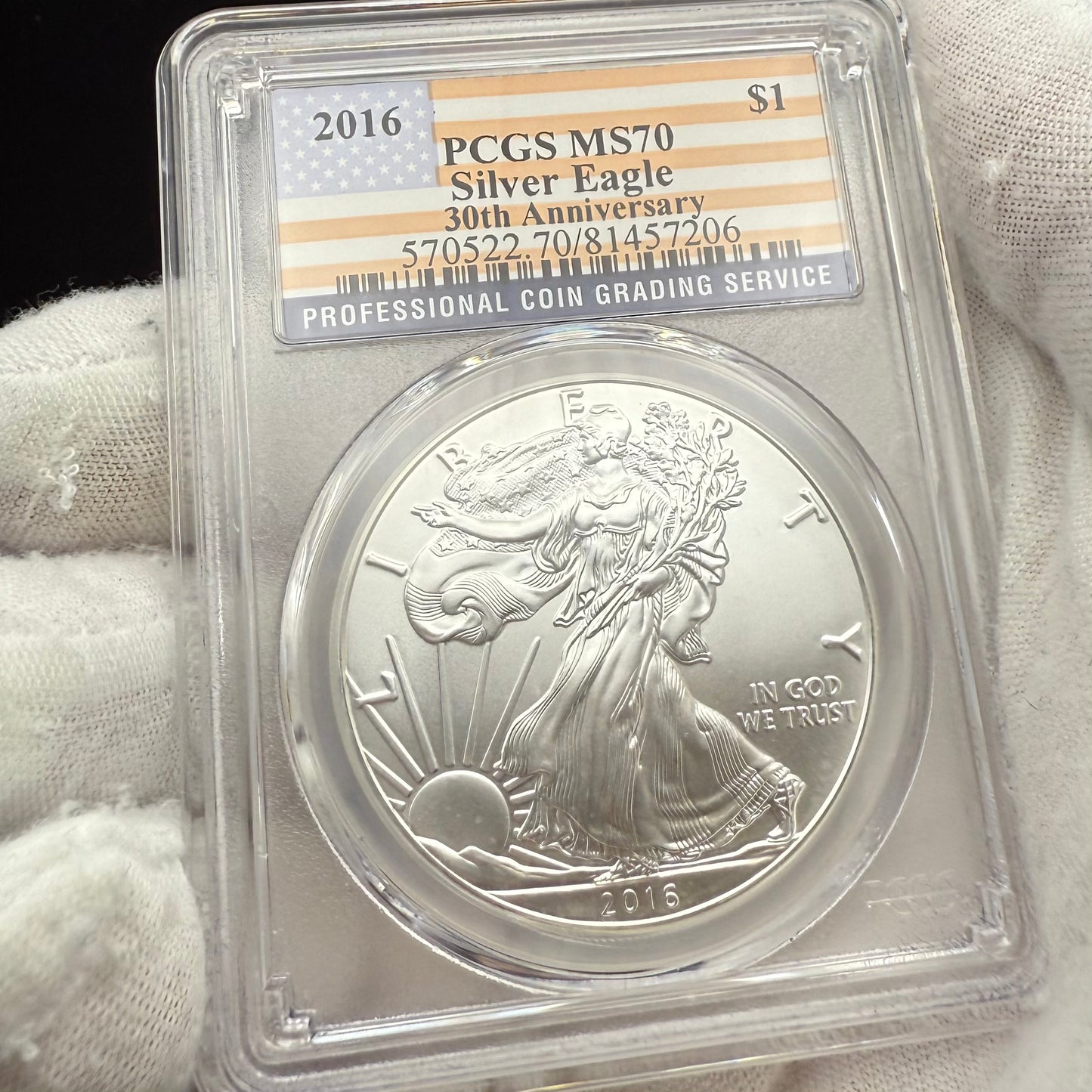 2016 $1 American Silver Eagle PCGS MS70 Business Strike American Flag Label Mint