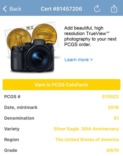 2016 $1 American Silver Eagle PCGS MS70 Business Strike American Flag Label Mint