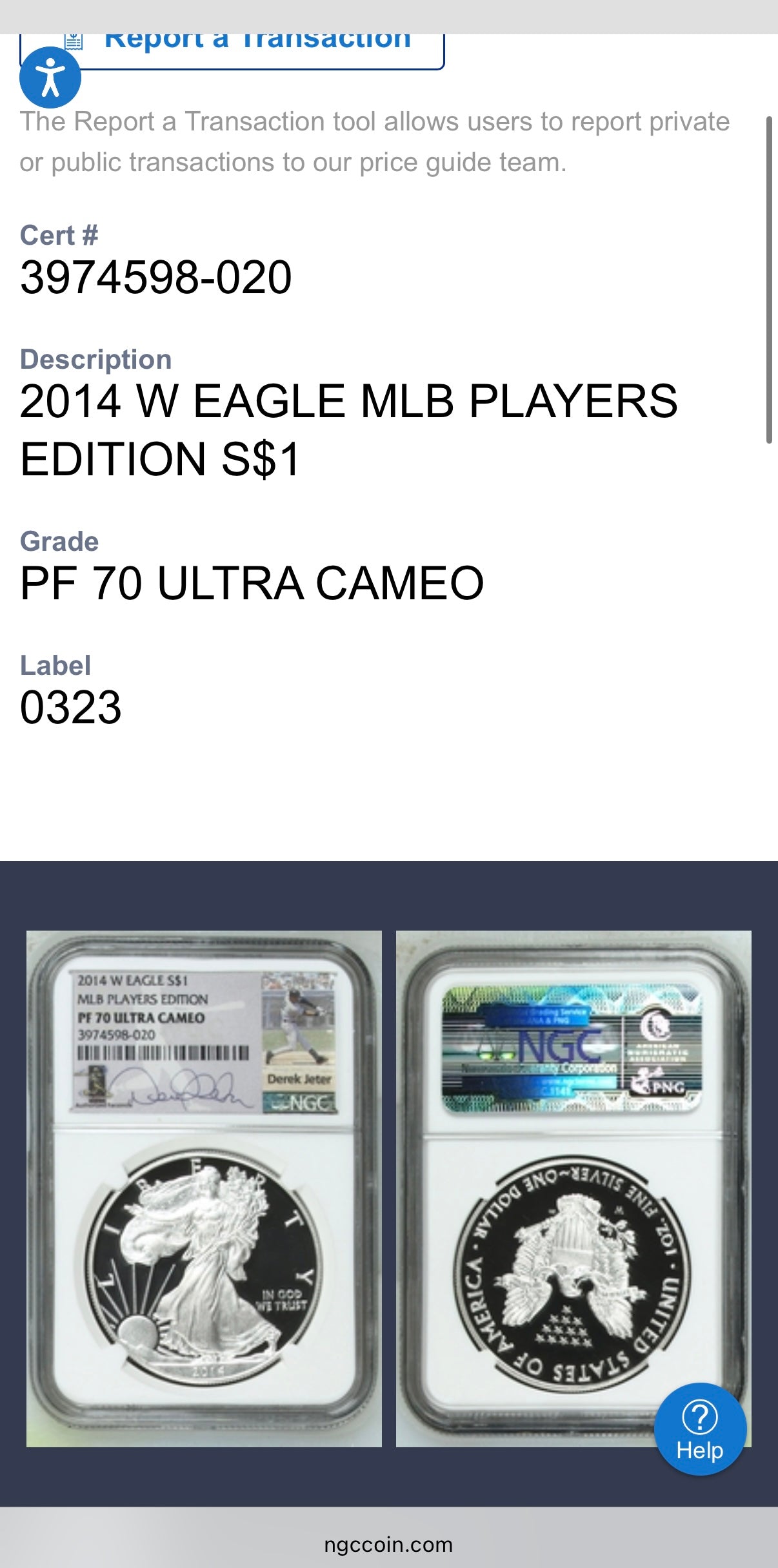 Proof 2014 (W) $1 American Silver Eagle NGC PF70UC Rare MLB Players Edition - Derek Jeter Signed (Limited Edition)