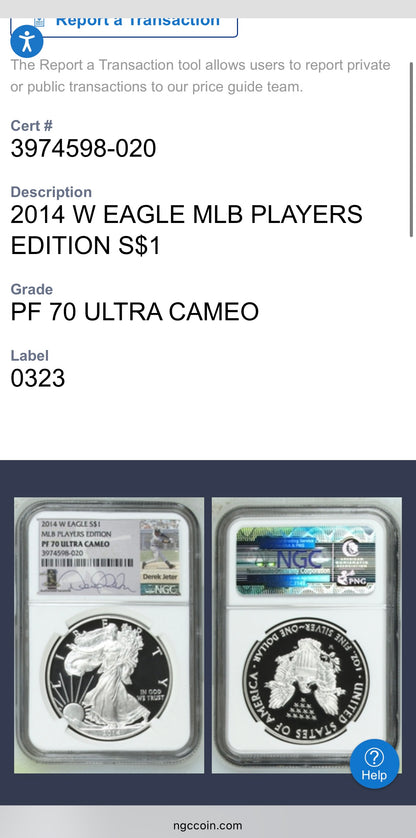 Proof 2014 (W) $1 American Silver Eagle NGC PF70UC Rare MLB Players Edition - Derek Jeter Signed (Limited Edition)