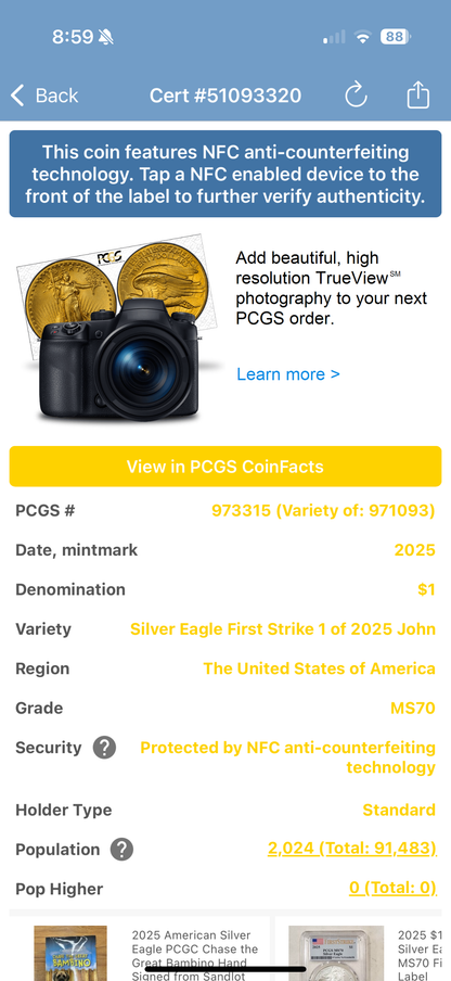2025 $1 American Silver Eagle PCGS MS70 First Strike, John Dannreuther Signed 1 of 2025 Mint