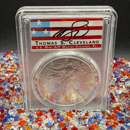 2022 $1 American Silver Eagle PCGS MS70 FDOI Thomas Cleveland Signed American Flag Label Mint (1 of 435)