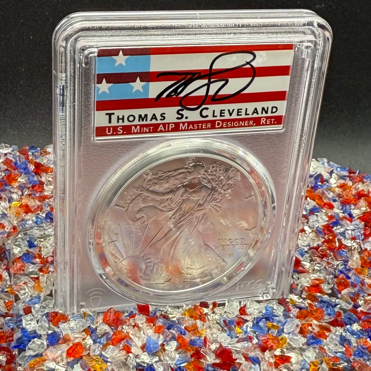 2022 $1 American Silver Eagle PCGS MS70 FDOI Thomas Cleveland Signed American Flag Label Mint (1 of 435)
