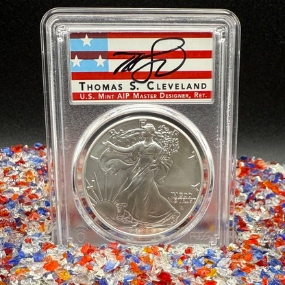 2022 $1 American Silver Eagle PCGS MS70 FDOI Thomas Cleveland Signed American Flag Label Mint (1 of 435)