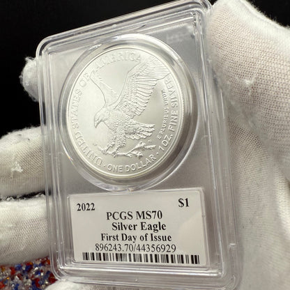 2022 $1 American Silver Eagle PCGS MS70 FDOI Thomas Cleveland Signed American Flag Label Mint (1 of 435)