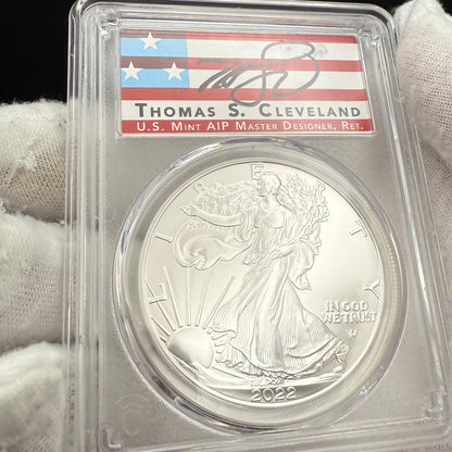2022 $1 American Silver Eagle PCGS MS70 FDOI Thomas Cleveland Signed American Flag Label Mint (1 of 435)