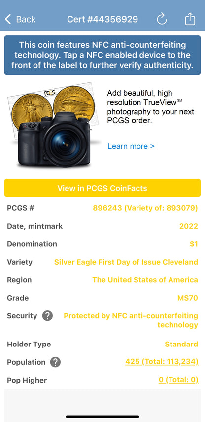 2022 $1 American Silver Eagle PCGS MS70 FDOI Thomas Cleveland Signed American Flag Label Mint (1 of 435)