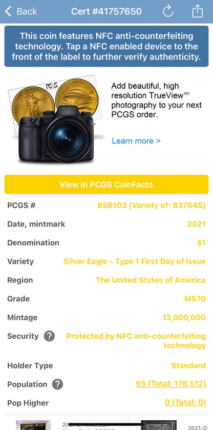 2021 $1 American Silver Eagle PCGS MS70 T-1 FDOI Fighter Jet Holder 1 of 65 Rare!