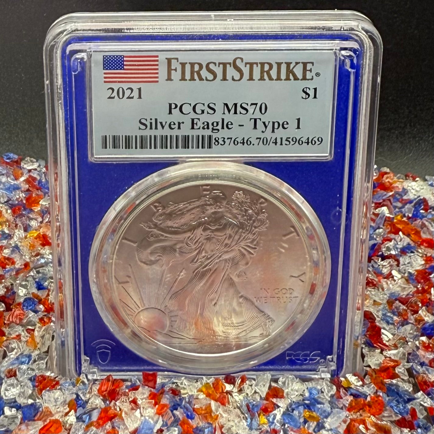 2021 $1 American Silver Eagle PCGS MS70 T-1 First Strike Blue Holder