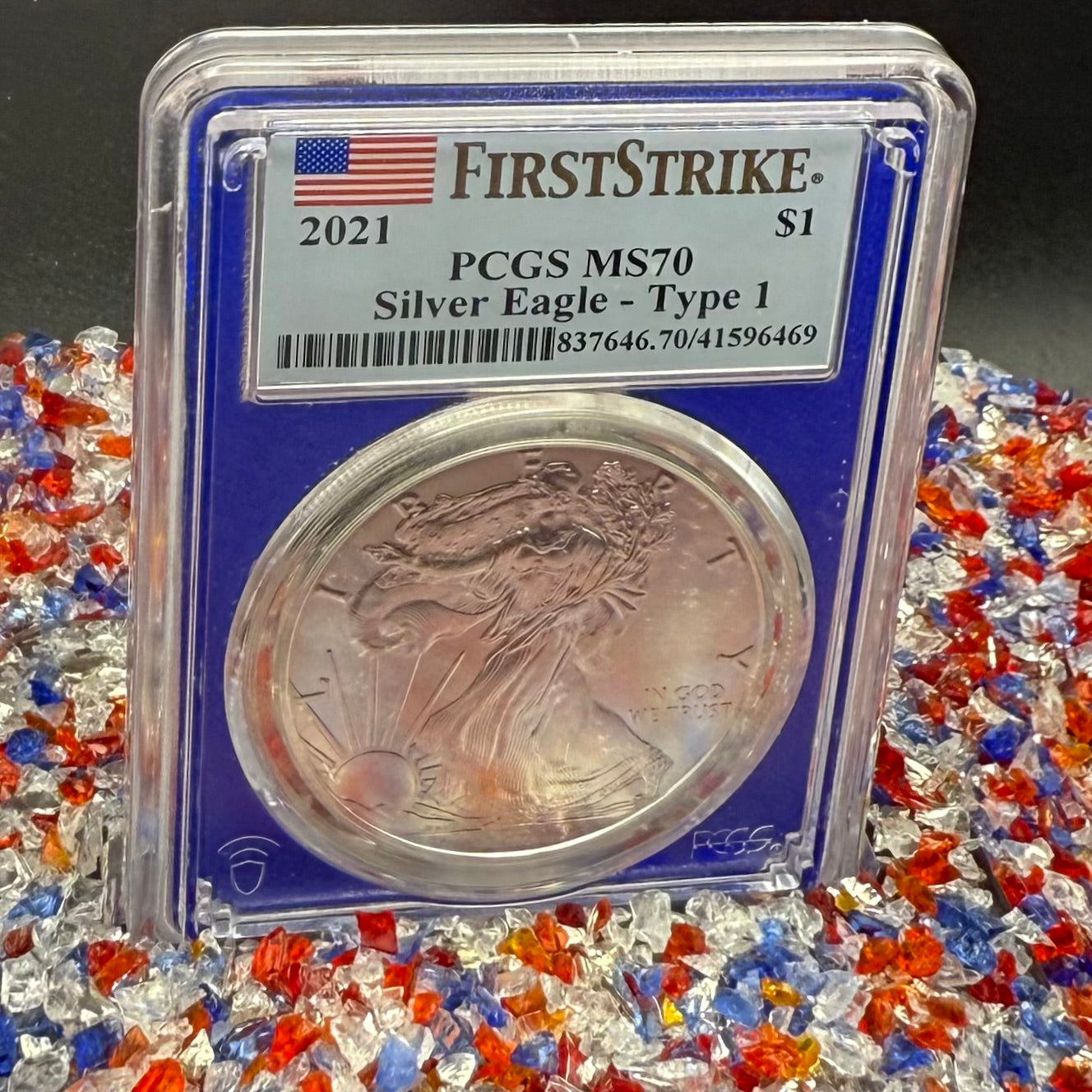 2021 $1 American Silver Eagle PCGS MS70 T-1 First Strike Blue Holder