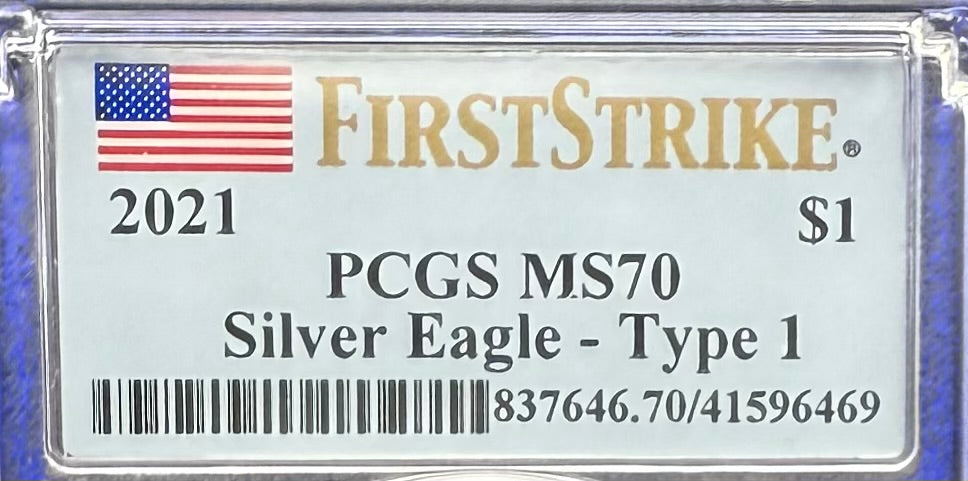 2021 $1 American Silver Eagle PCGS MS70 T-1 First Strike Blue Holder