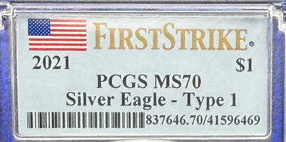 2021 $1 American Silver Eagle PCGS MS70 T-1 First Strike Blue Holder