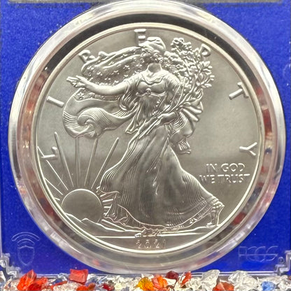 2021 $1 American Silver Eagle PCGS MS70 T-1 First Strike Blue Holder