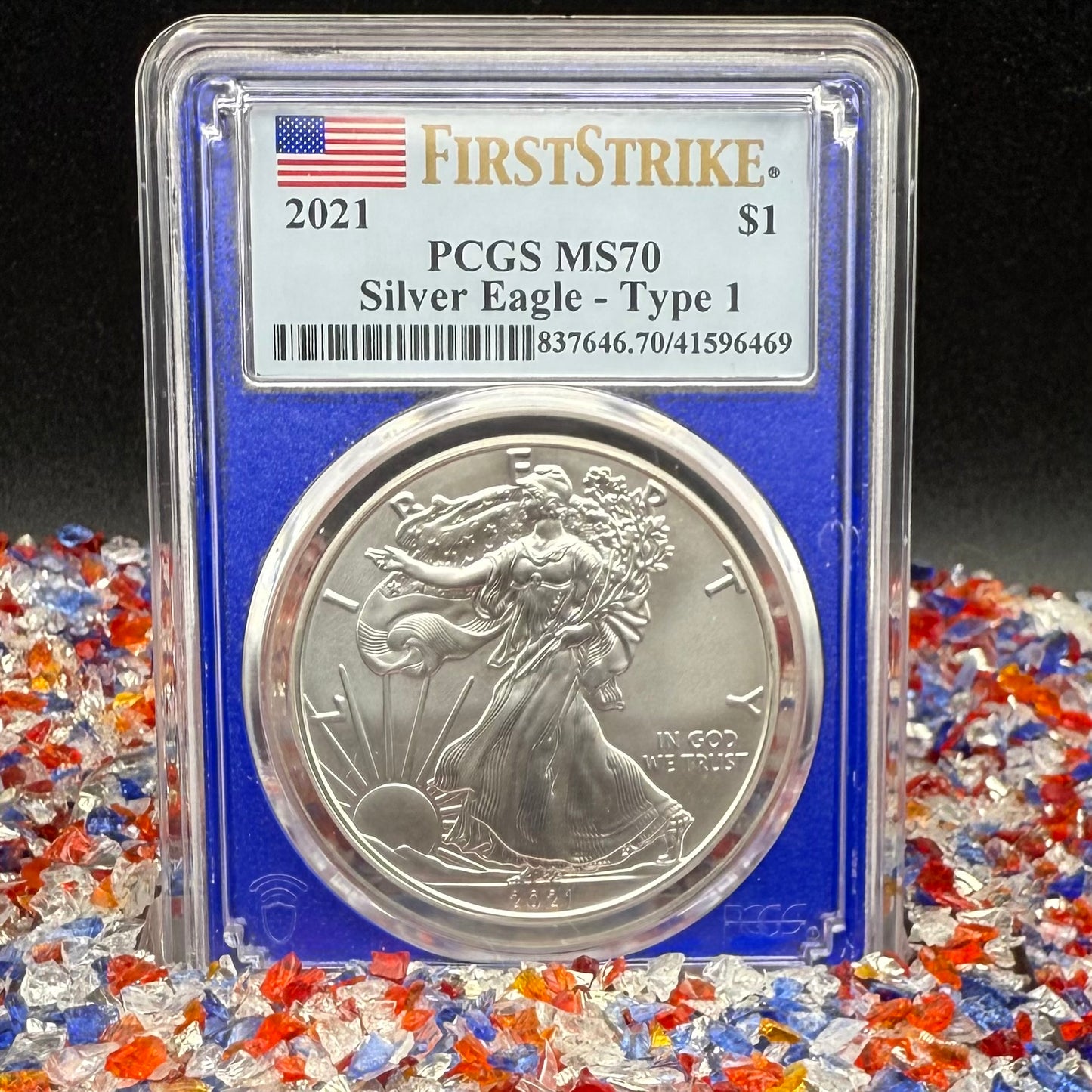 2021 $1 American Silver Eagle PCGS MS70 T-1 First Strike Blue Holder