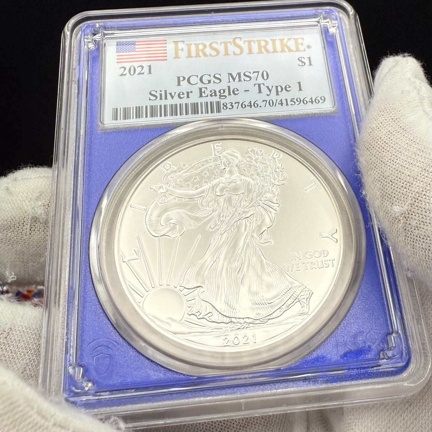 2021 $1 American Silver Eagle PCGS MS70 T-1 First Strike Blue Holder