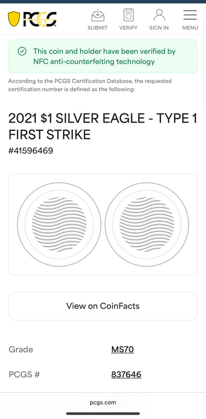2021 $1 American Silver Eagle PCGS MS70 T-1 First Strike Blue Holder