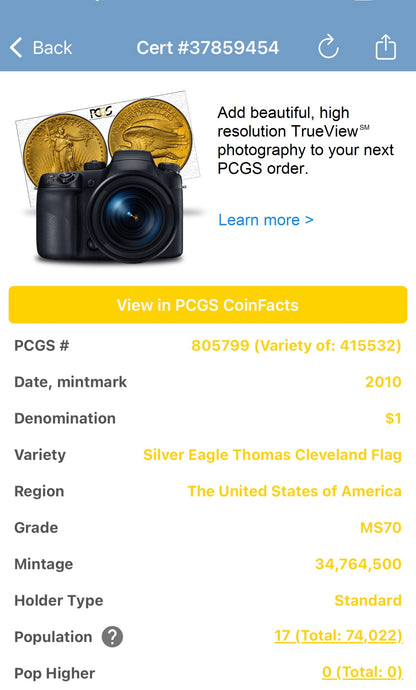 2010 $1 American Silver Eagle PCGS MS70 Thomas Cleveland Signed Flag Label Rare 1 of 17 Mint