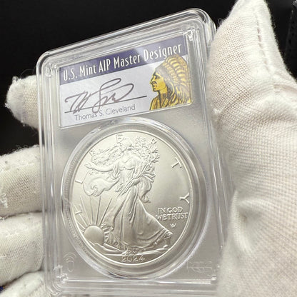 2024 $1 American Silver Eagle PCGS MS70 FDOI Native Label Thomas Cleveland Signed Mint (1 of 10)