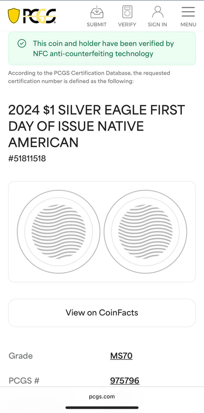 2024 $1 American Silver Eagle PCGS MS70 FDOI Native Label Thomas Cleveland Signed Mint (1 of 10)