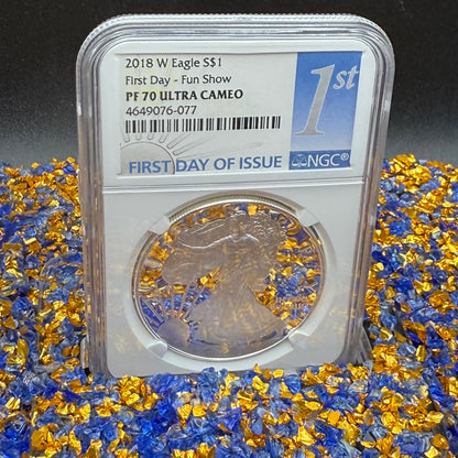 Proof 2018 (W) $1 American Silver Eagle NGC PF70UC First Day - FUN Show (1 of 433) Mint Condition
