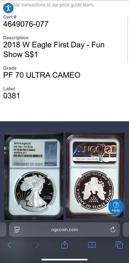 Proof 2018 (W) $1 American Silver Eagle NGC PF70UC First Day - FUN Show (1 of 433) Mint Condition