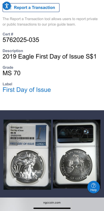 2019 $1 American Silver Eagle NGC MS70 FDOI Mint Condition