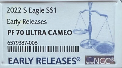 Proof 2022 (S) $1 American Silver Eagle NGC PF70UC Early Releases Modern Blue Label White Holder (1 of 1,869) Mint!
