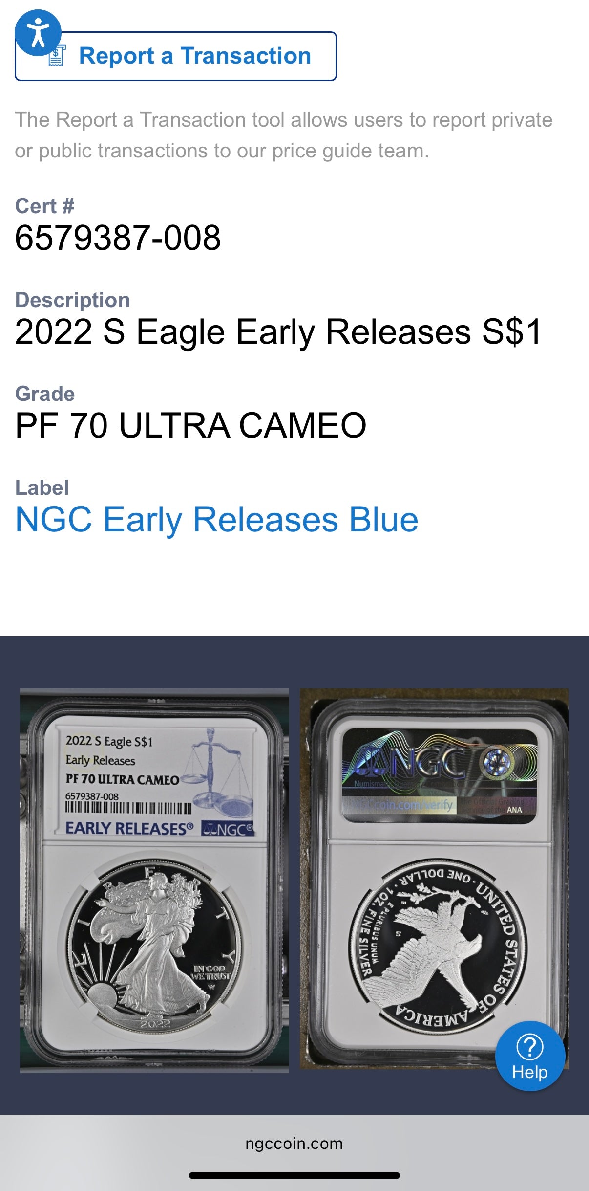 Proof 2022 (S) $1 American Silver Eagle NGC PF70UC Early Releases Modern Blue Label White Holder (1 of 1,869) Mint!