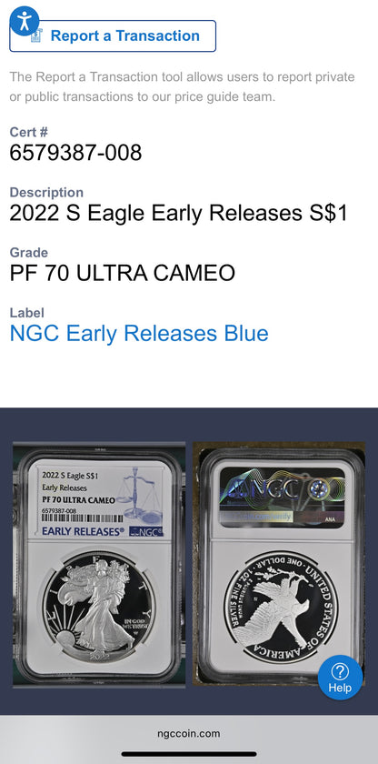 Proof 2022 (S) $1 American Silver Eagle NGC PF70UC Early Releases Modern Blue Label White Holder (1 of 1,869) Mint!
