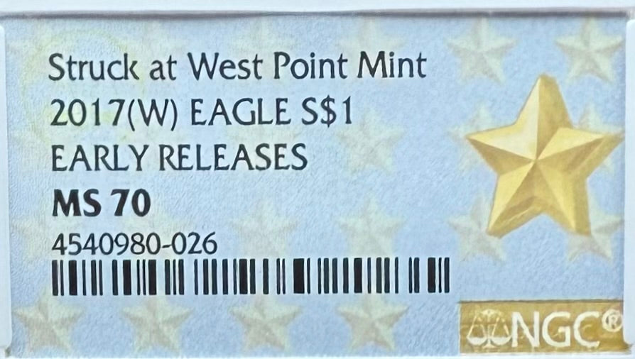 2017 W $1 American Silver Eagle NGC MS70 Early Releases West Point Gold Star Label Mint!