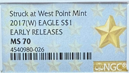 2017 W $1 American Silver Eagle NGC MS70 Early Releases West Point Gold Star Label Mint!