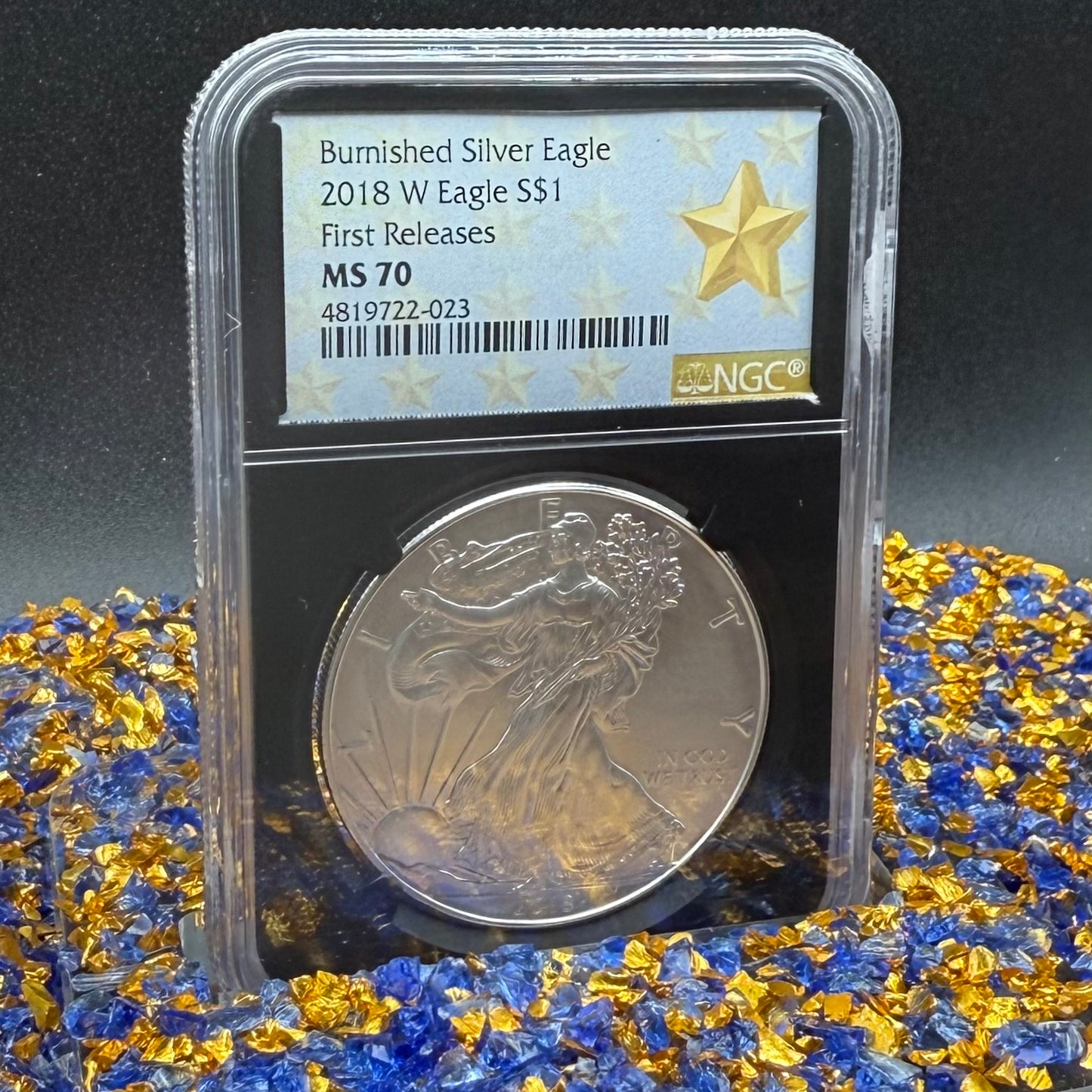 Burnished 2018 (W) $1 American Silver Eagle NGC MS70 First Releases Black Core with West Point Gold Star Mint Condition (1 of 658)