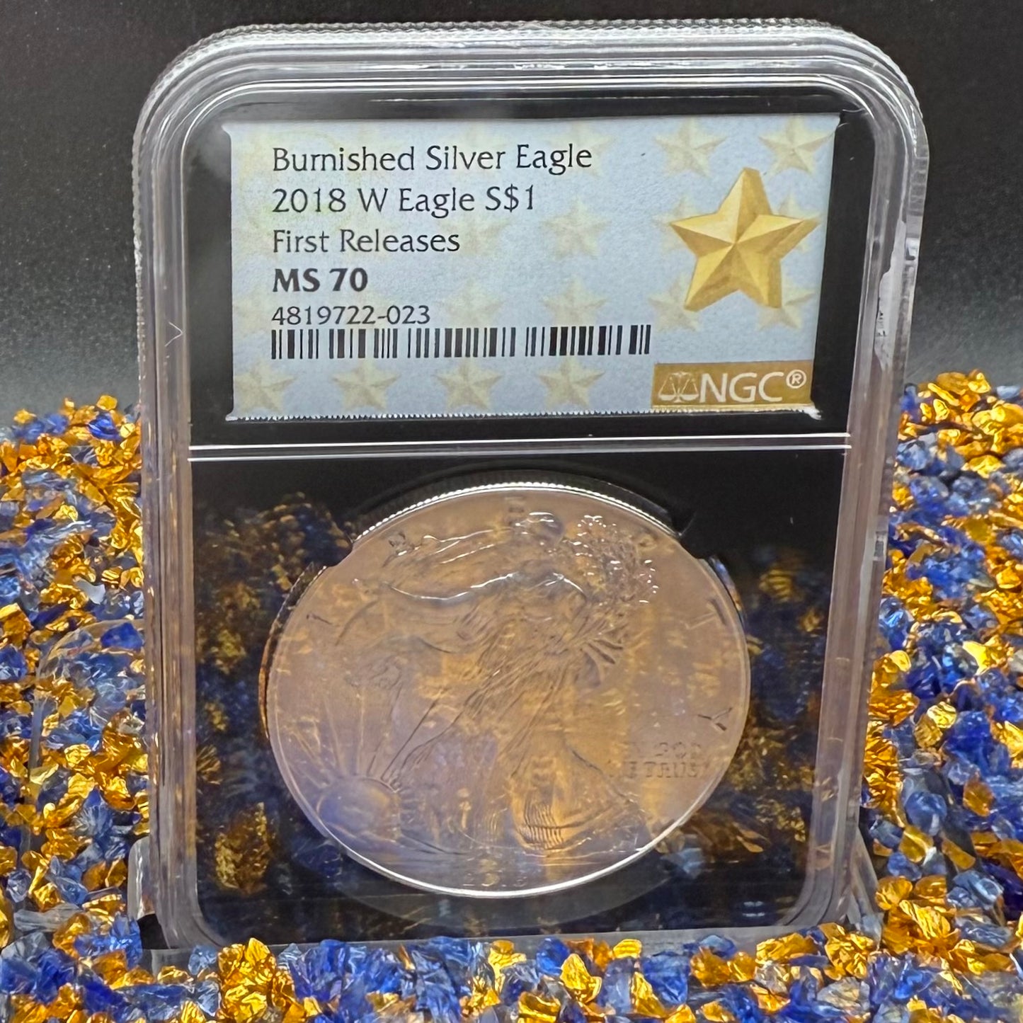 Burnished 2018 (W) $1 American Silver Eagle NGC MS70 First Releases Black Core with West Point Gold Star Mint Condition (1 of 658)