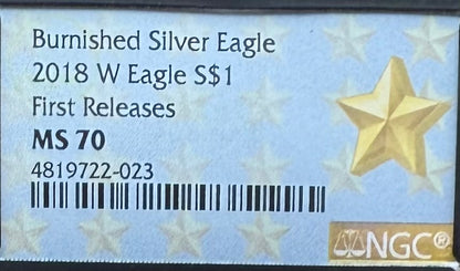 Burnished 2018 (W) $1 American Silver Eagle NGC MS70 First Releases Black Core with West Point Gold Star Mint Condition (1 of 658)