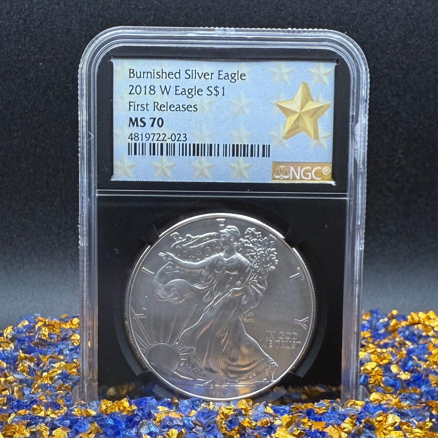 Burnished 2018 (W) $1 American Silver Eagle NGC MS70 First Releases Black Core with West Point Gold Star Mint Condition (1 of 658)
