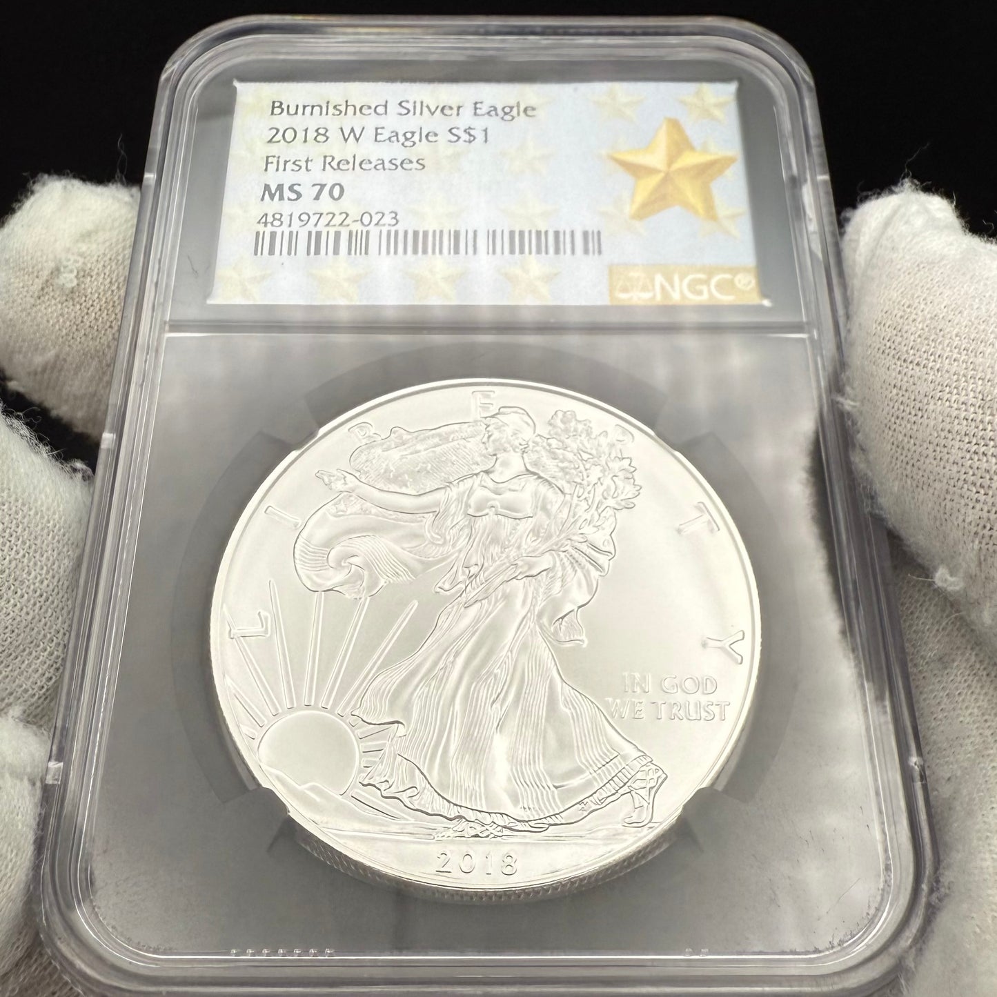 Burnished 2018 (W) $1 American Silver Eagle NGC MS70 First Releases Black Core with West Point Gold Star Mint Condition (1 of 658)