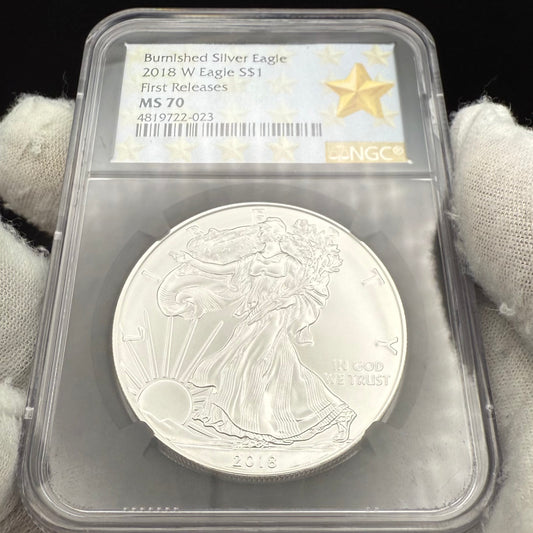 Burnished 2018 (W) $1 American Silver Eagle NGC MS70 First Releases Black Core with West Point Gold Star Mint Condition (1 of 658)