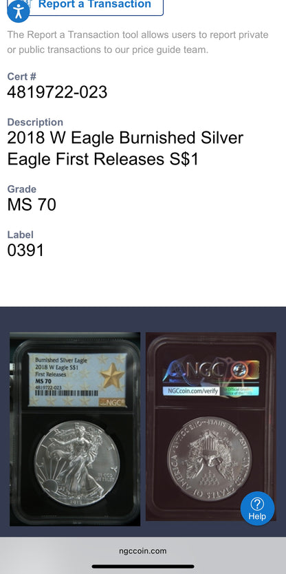 Burnished 2018 (W) $1 American Silver Eagle NGC MS70 First Releases Black Core with West Point Gold Star Mint Condition (1 of 658)
