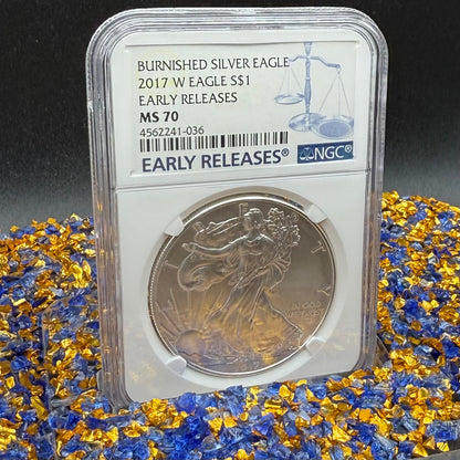 Burnished 2017 (W) $1 American Silver Eagle NGC MS70 Early Releases Classic Blue Label Mint Condition