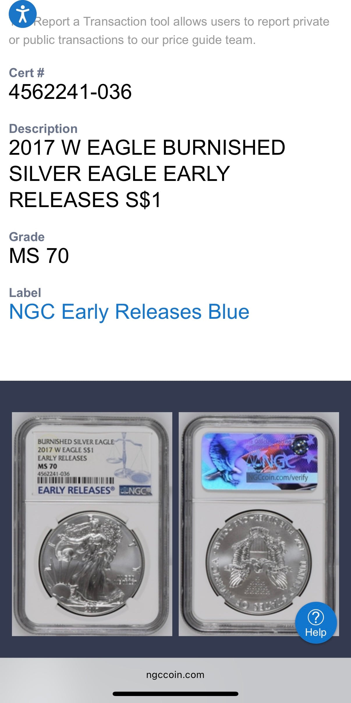Burnished 2017 (W) $1 American Silver Eagle NGC MS70 Early Releases Classic Blue Label Mint Condition