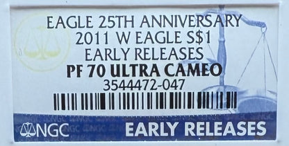 Proof 2011 (W) $1 American Silver Eagle NGC PF70UC Early Releases Class Blue Label White Holder (1 of 14,931)