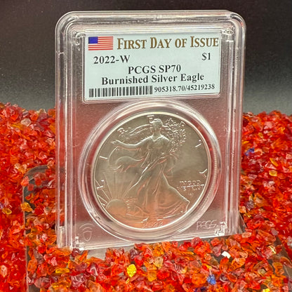 Burnished 2022 (W) $1 American Silver Eagle PCGS SP70 FDOI American Flag Label Rare 1 of 2,030 Mint!